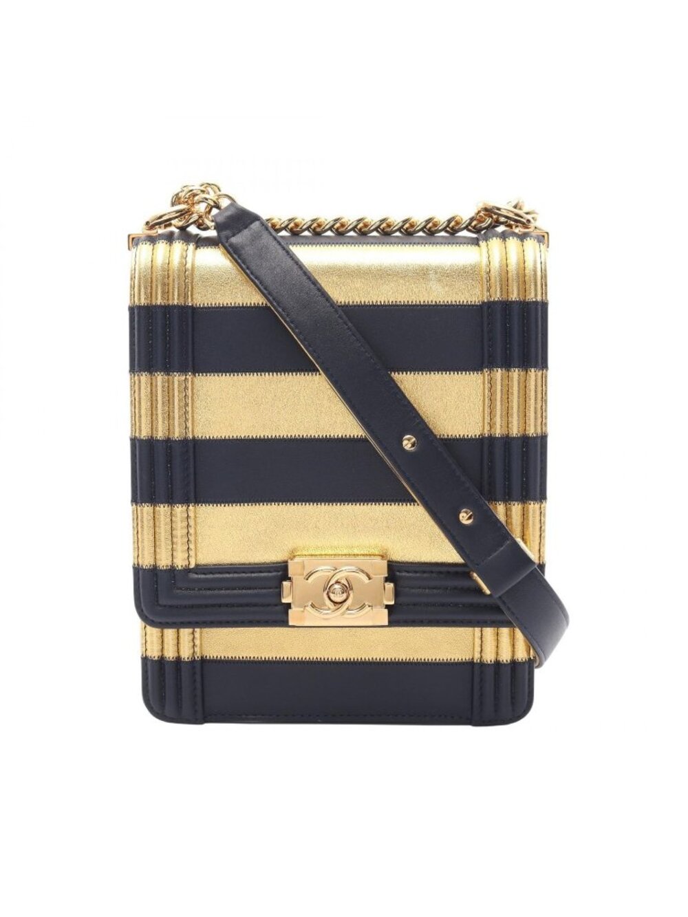 Chanel Shoulder Bag Boy North South Border Gold Navy Lambskin Chain
